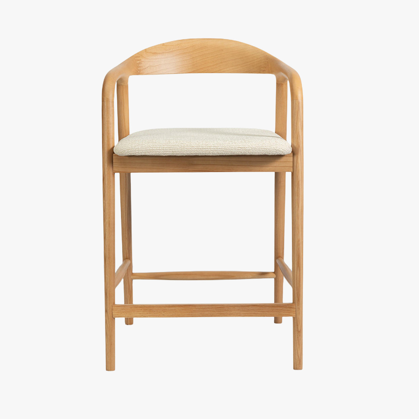 tabouret en tissu beige avec piètement en bois clair