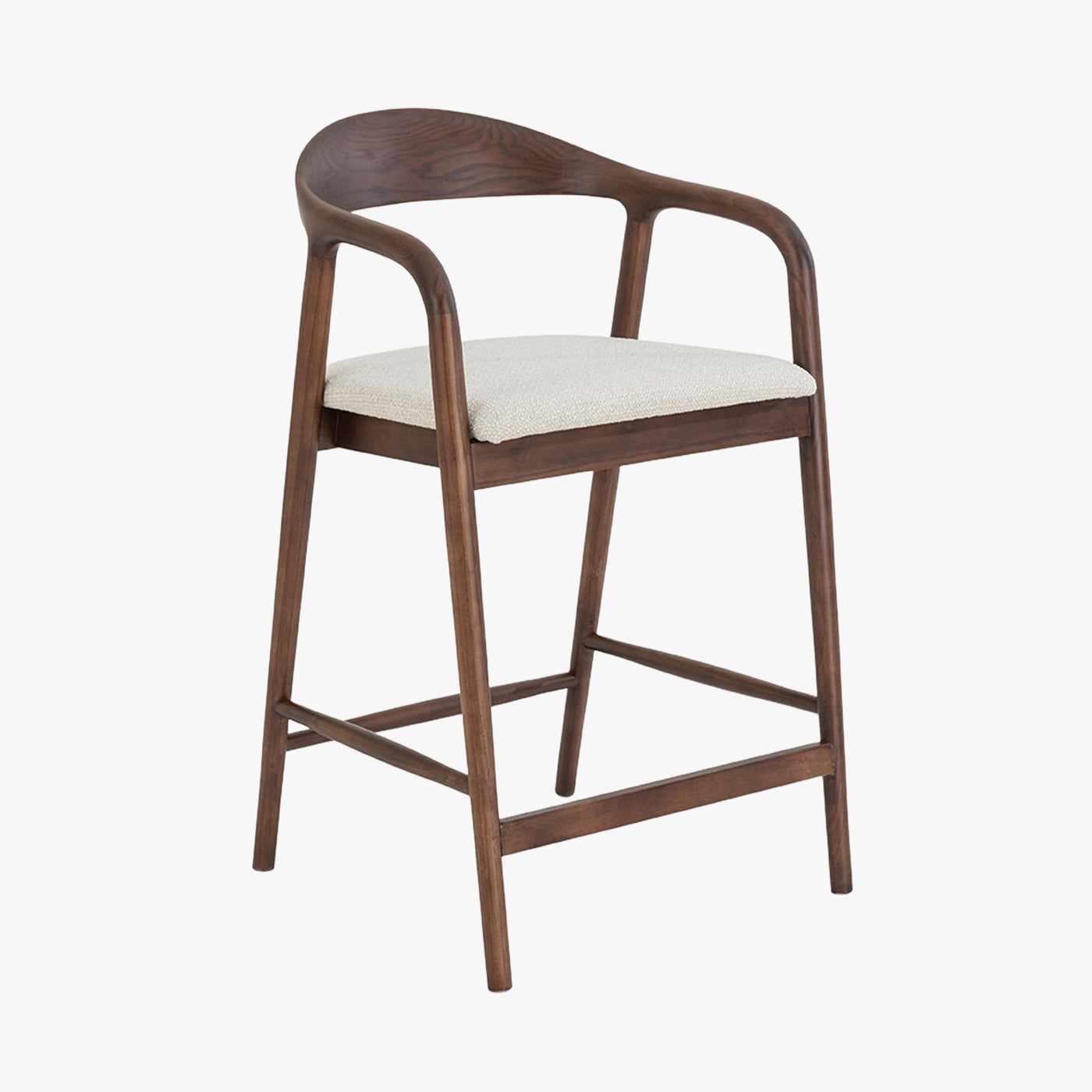 CLAIRE Tabouret en tissu beige piètement en bois massif foncé