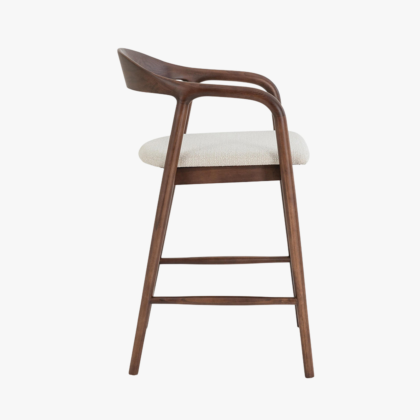 CLAIRE Tabouret en tissu beige piètement en bois massif foncé