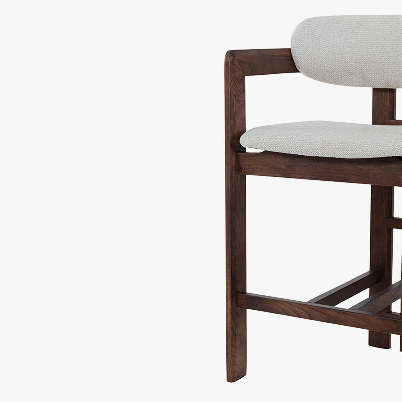 tabouret en tissu beige avec pieds en chêne massif couleur bois foncé