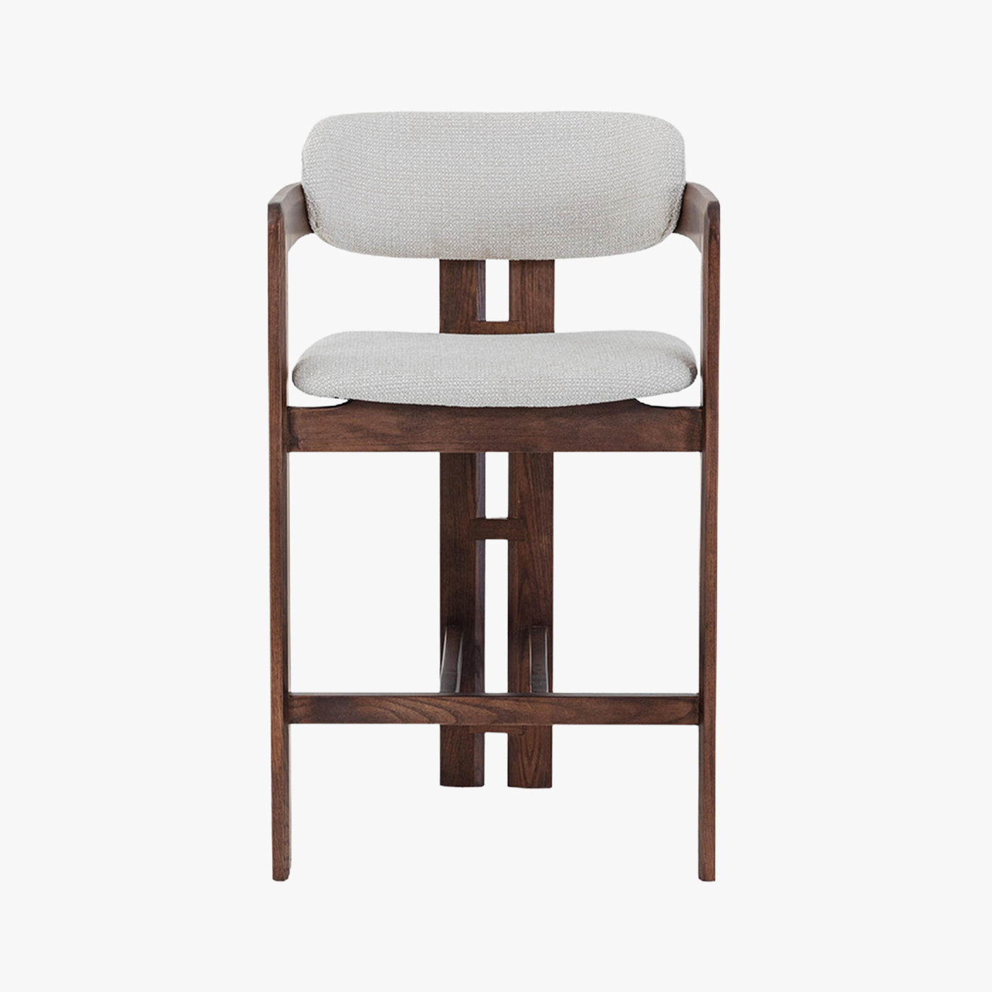 tabouret en tissu beige avec pieds en chêne massif couleur bois foncé