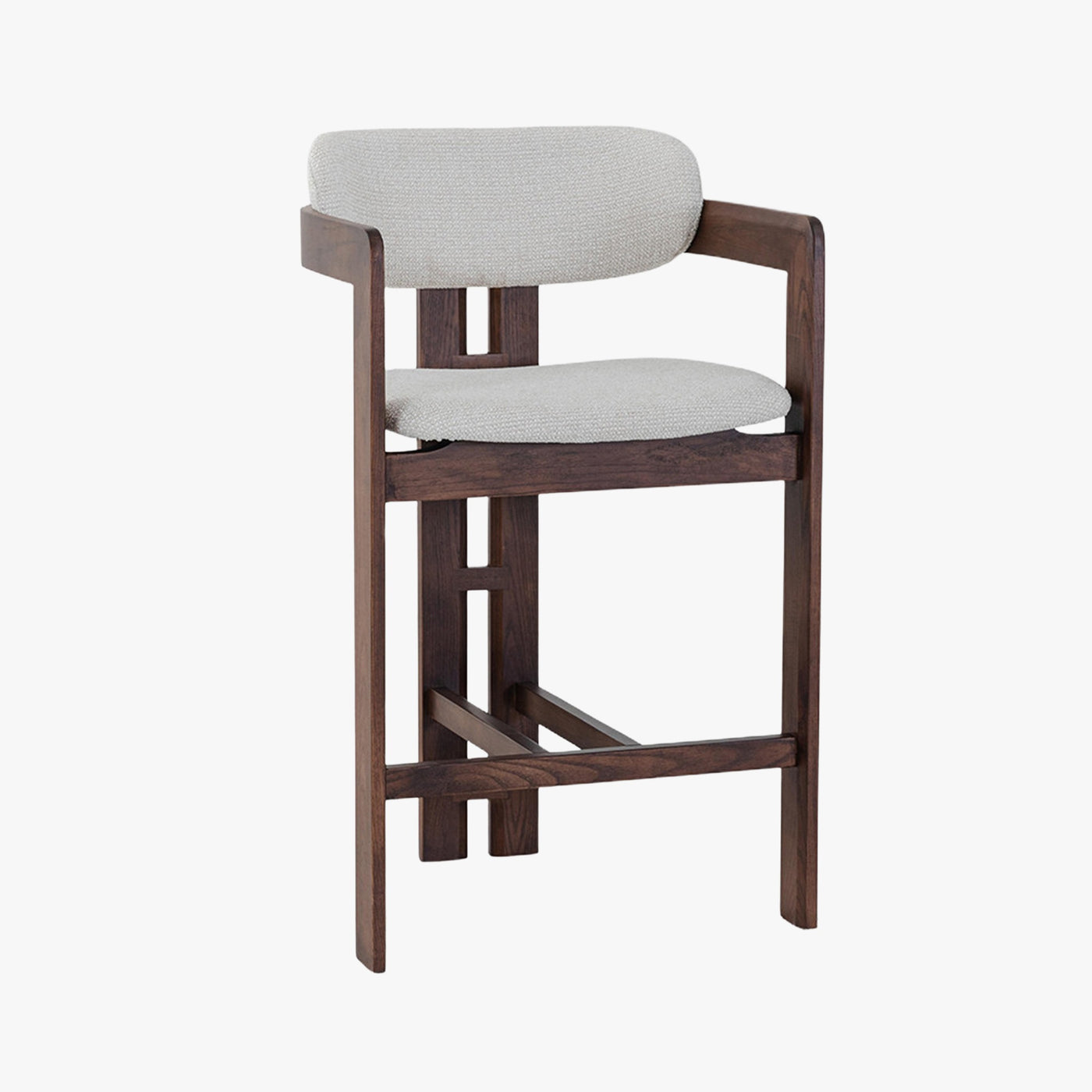 tabouret en tissu beige avec pieds en chêne massif couleur bois foncé