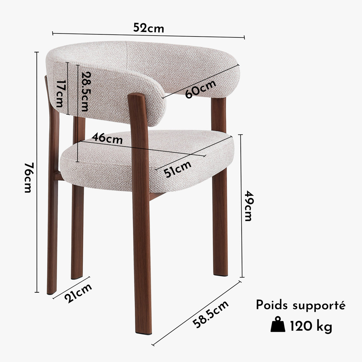 JULIA Lot de 2 chaises avec accoudoir en tissu beige pieds couleur bois foncé