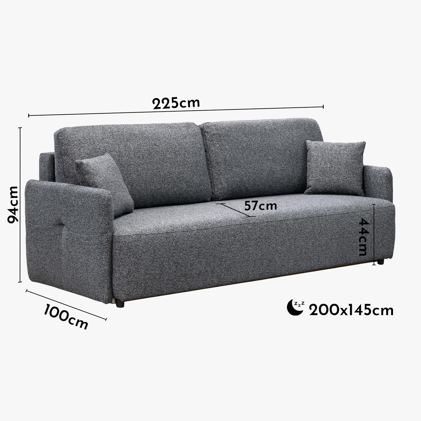 CARLA Canapé 3 places convertible en tissu gris