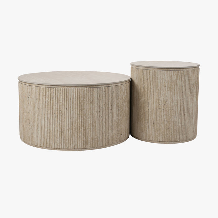 FARA Lot de 2 tables basses rondes plateau en céramique beige