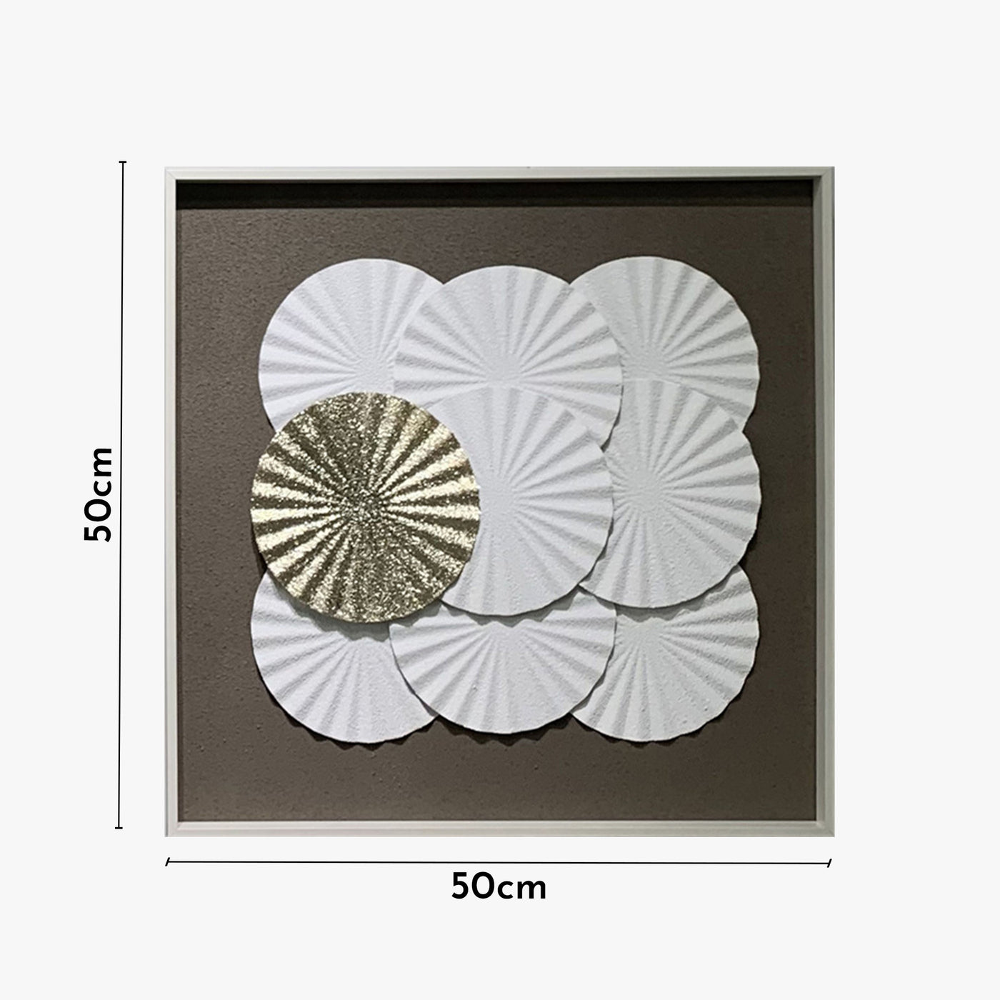 ANELIA Tableau peinture à l'huile relief rond blanc et doré cadre aluminium - 50x50 cm
