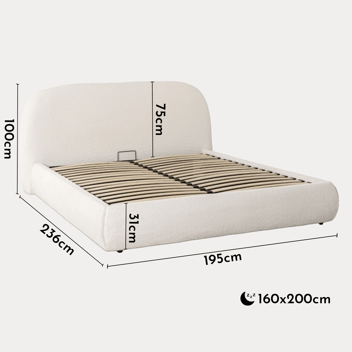 ADAM Lit double en tissu bouclette beige avec coffre 160x200 cm - Lits - Mobilier Deco