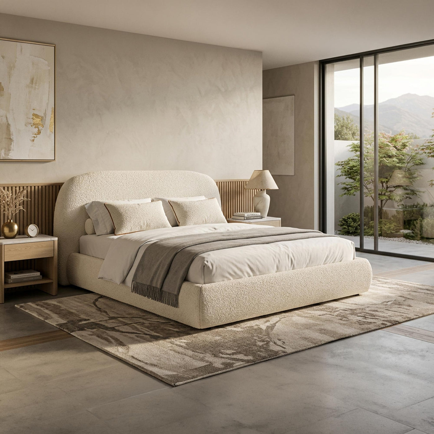 ADAM Lit double en tissu bouclette beige avec coffre 160x200 cm - Lits - Mobilier Deco
