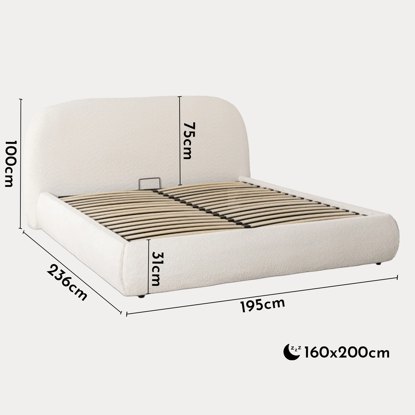 ADAM Lit double en tissu bouclette beige avec coffre 160x200 cm
