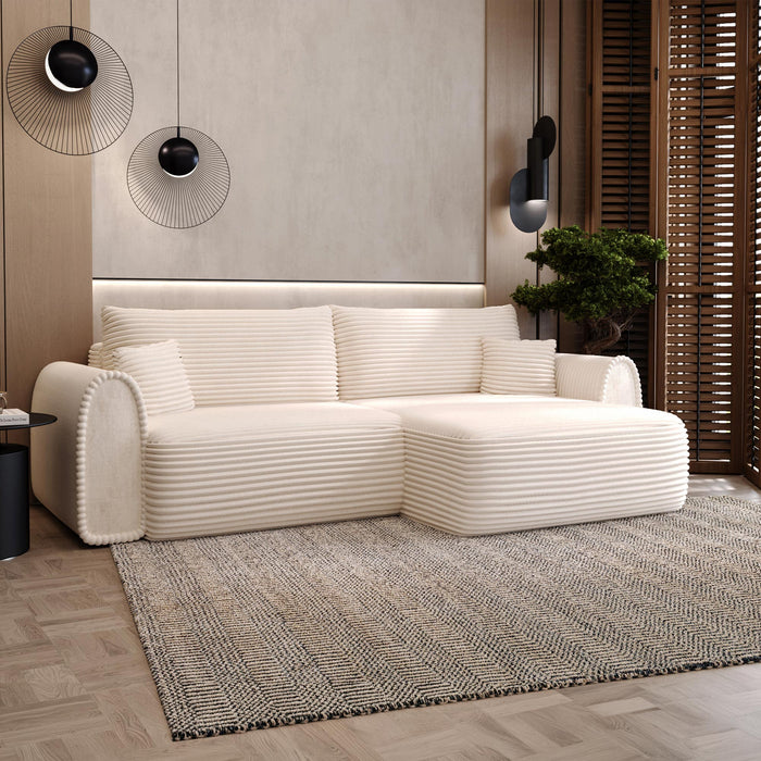 ADELE Canapé d'angle convertible et réversible avec coffre en velours côtelé beige