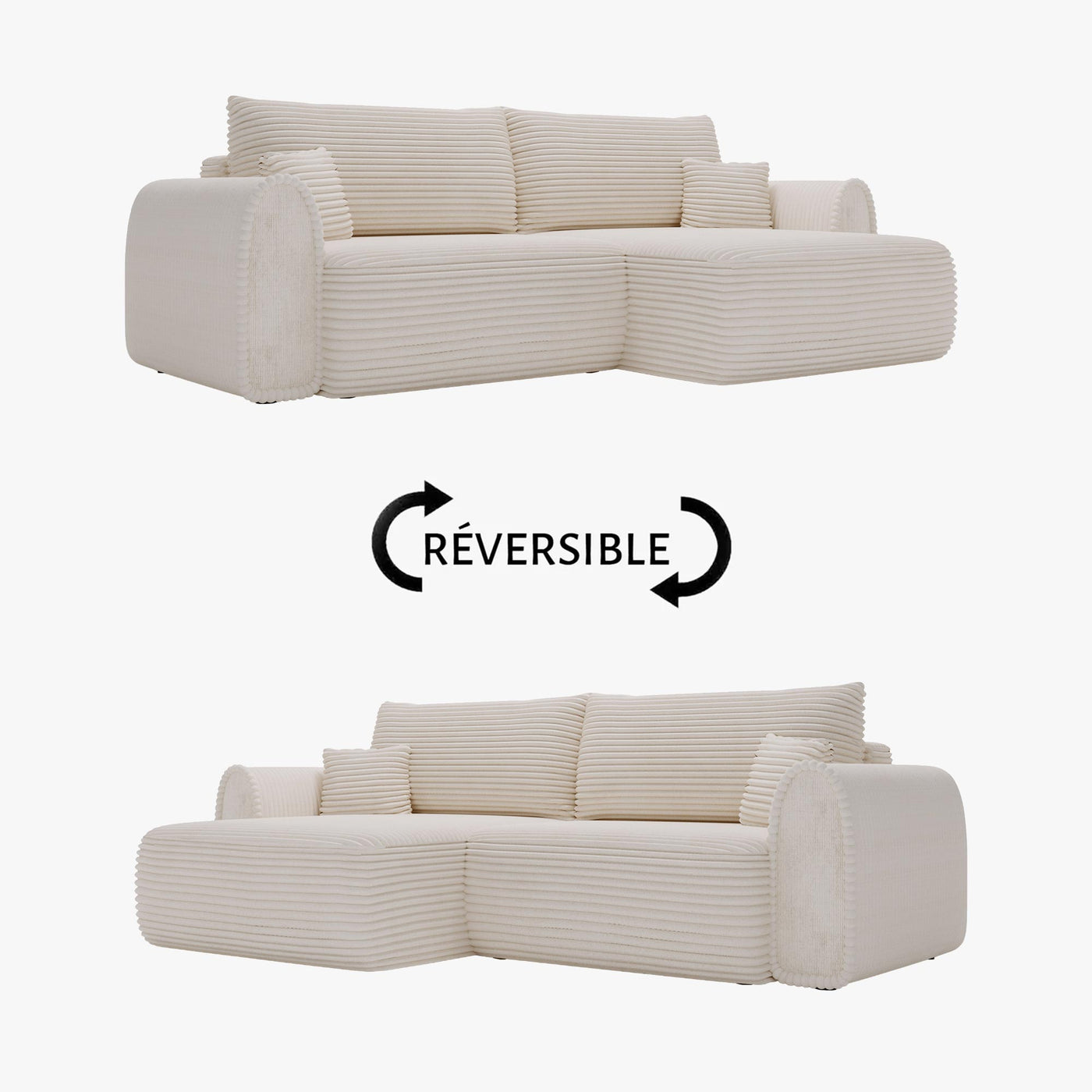 ADELE Canapé d'angle convertible et réversible avec coffre en velours côtelé beige - Canapé d'angle convertible - Mobilier Deco
