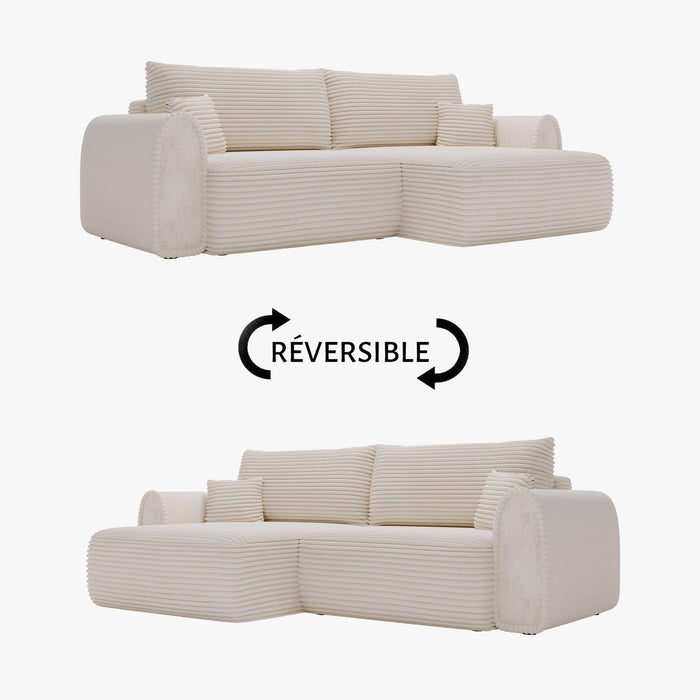 ADELE Canapé d'angle convertible et réversible avec coffre en velours côtelé beige