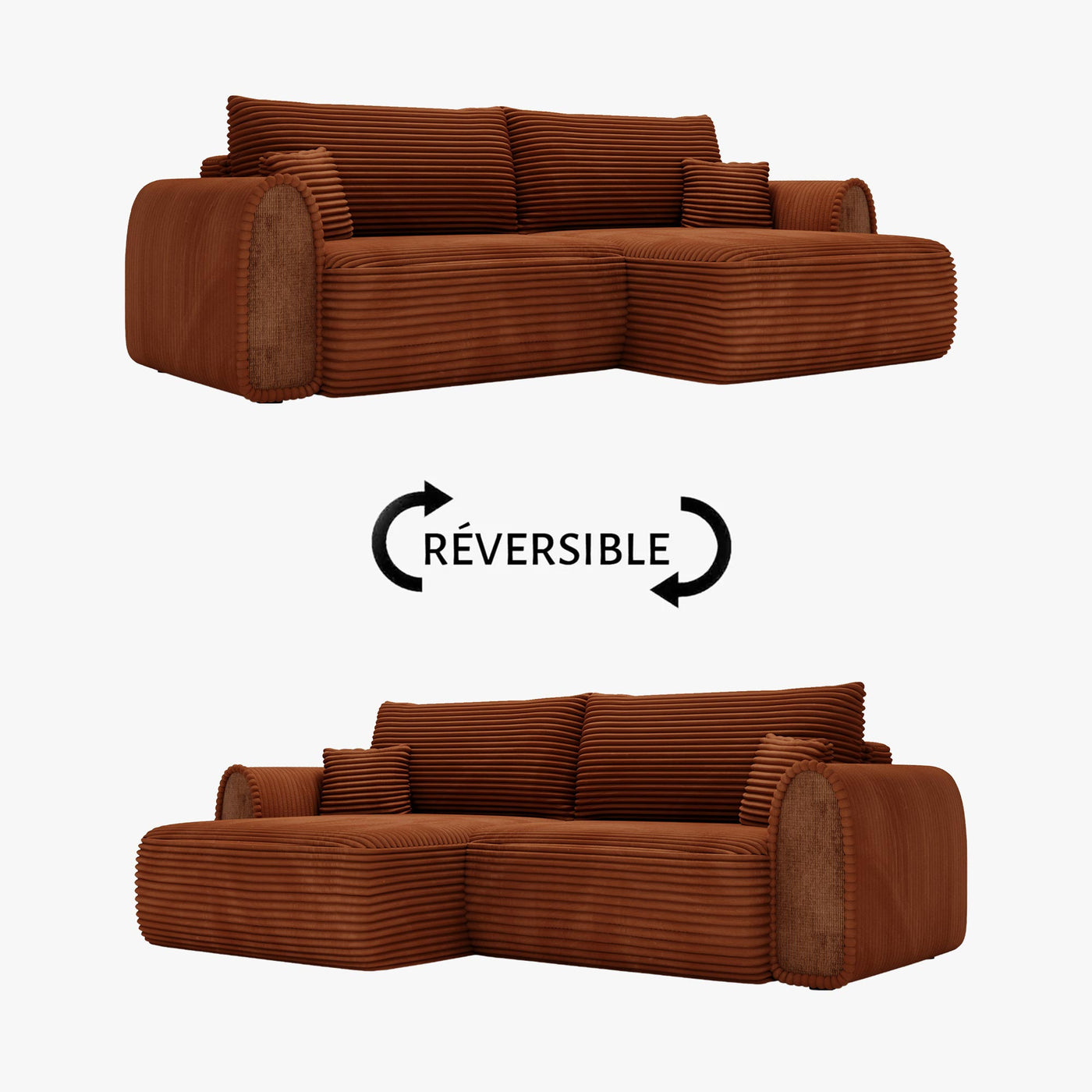 ADELE Canapé d'angle convertible et réversible avec coffre en velours côtelé terracotta - Canapé d'angle convertible - Mobilier Deco