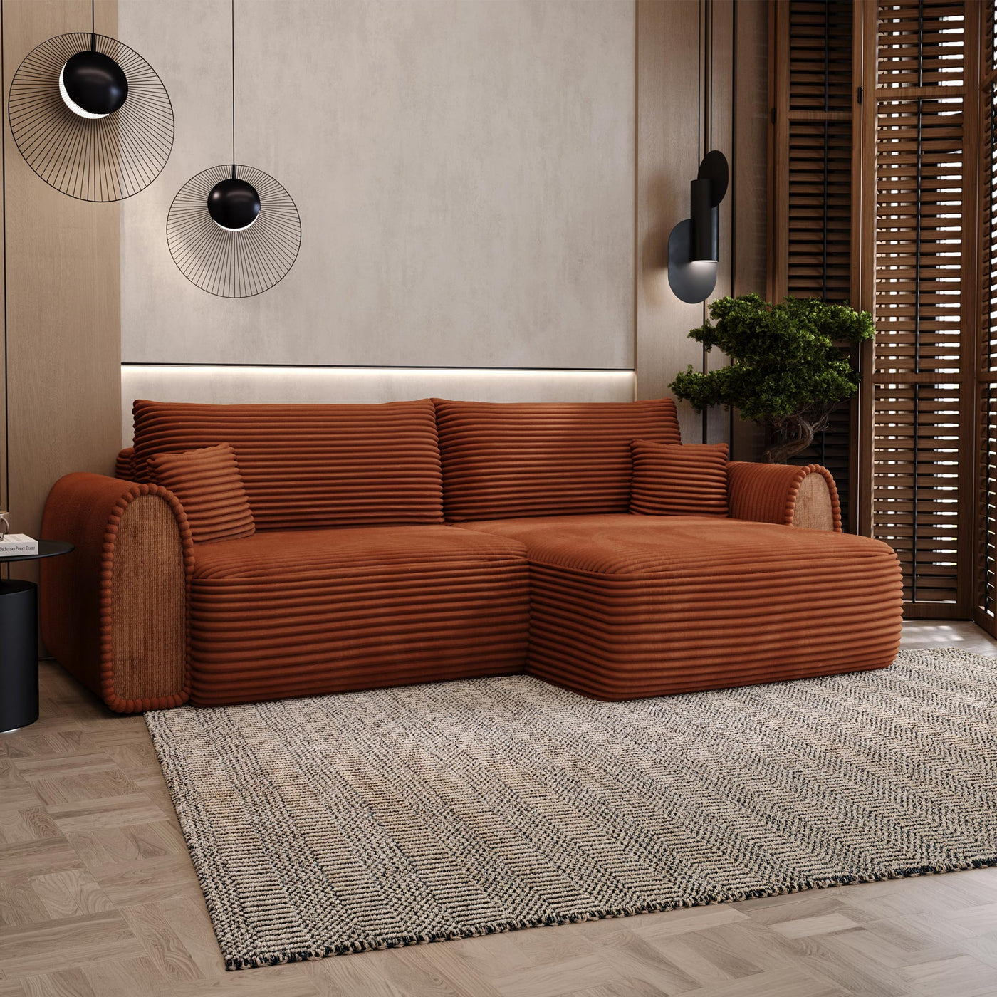 ADELE Canapé d'angle convertible et réversible avec coffre en velours côtelé terracotta - Canapé d'angle convertible - Mobilier Deco