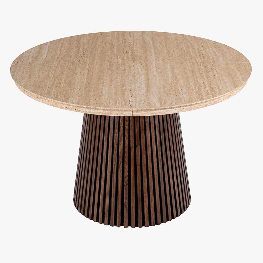 ADRIEN Table à manger ronde extensible couleur beige et bois foncé 120-200 cm - Table à manger - Mobilier Deco