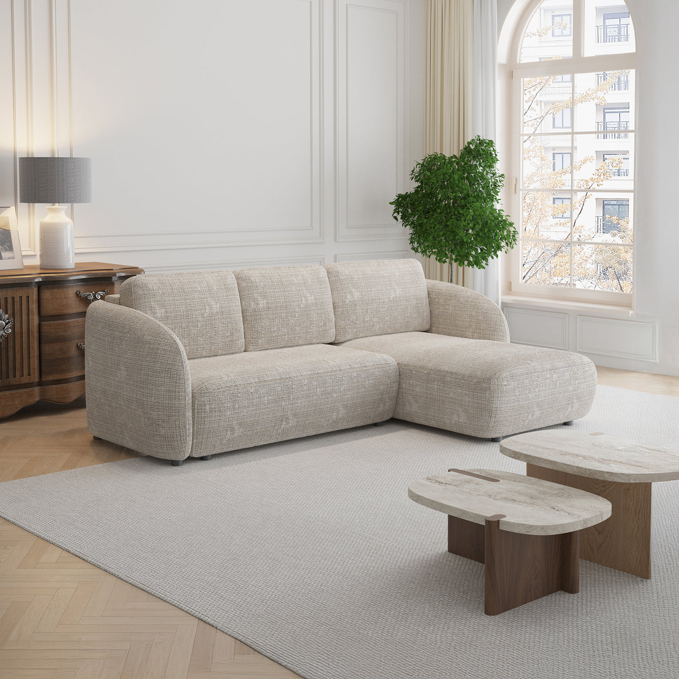 ALANYA Canapé d'angle convertible avec coffre en tissu beige - Angle droit