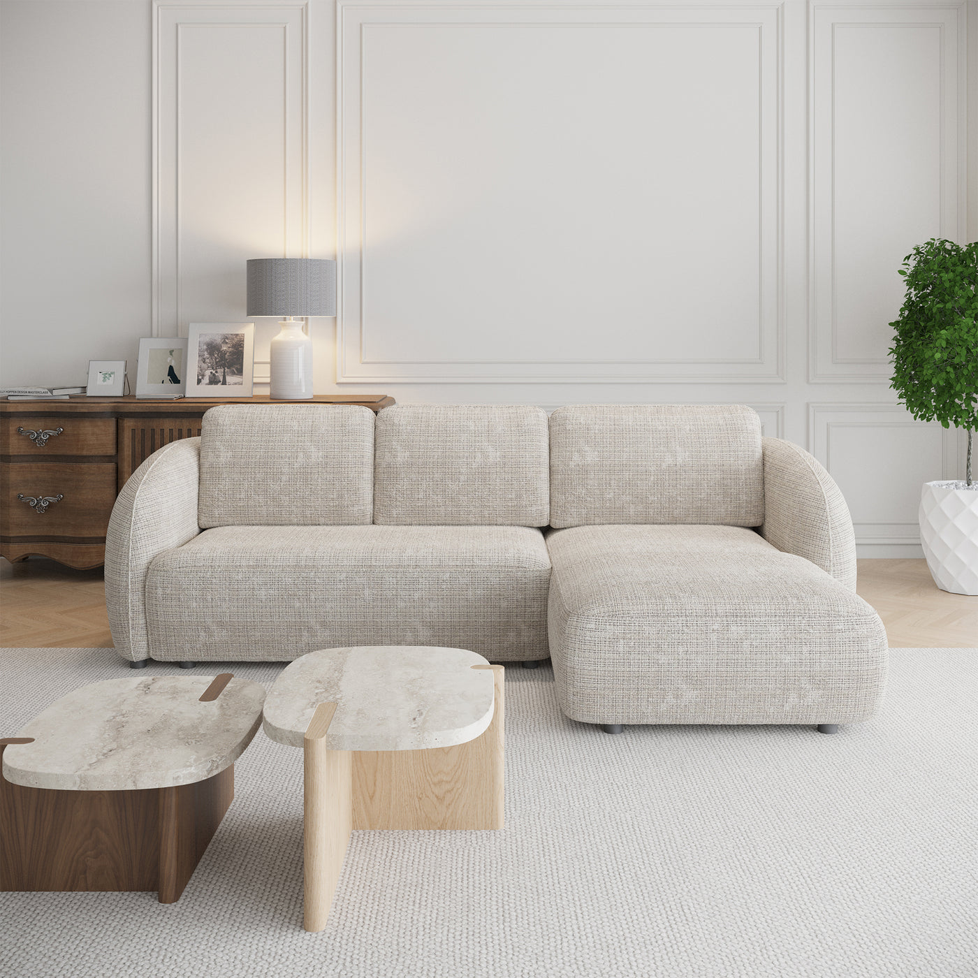 ALANYA Canapé d'angle convertible avec coffre en tissu beige - Angle droit