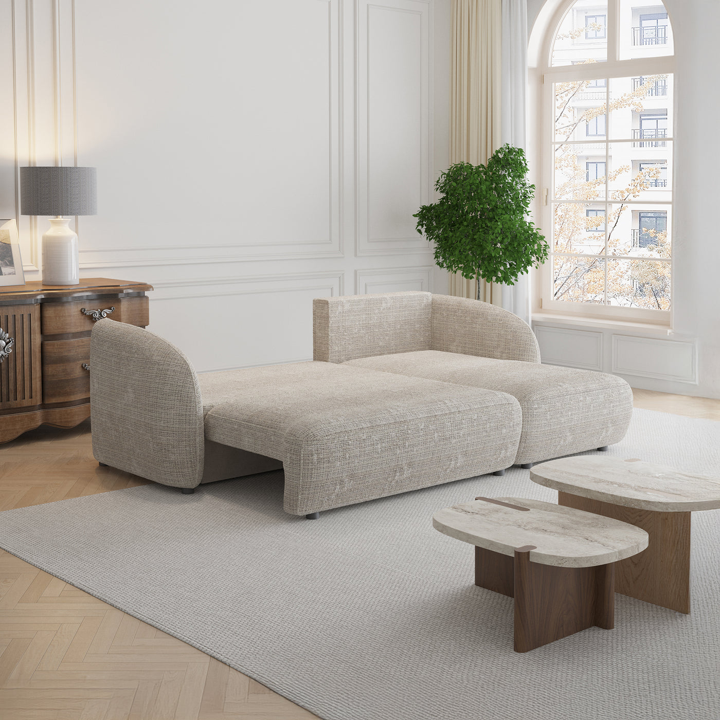 ALANYA Canapé d'angle convertible avec coffre en tissu beige - Angle droit