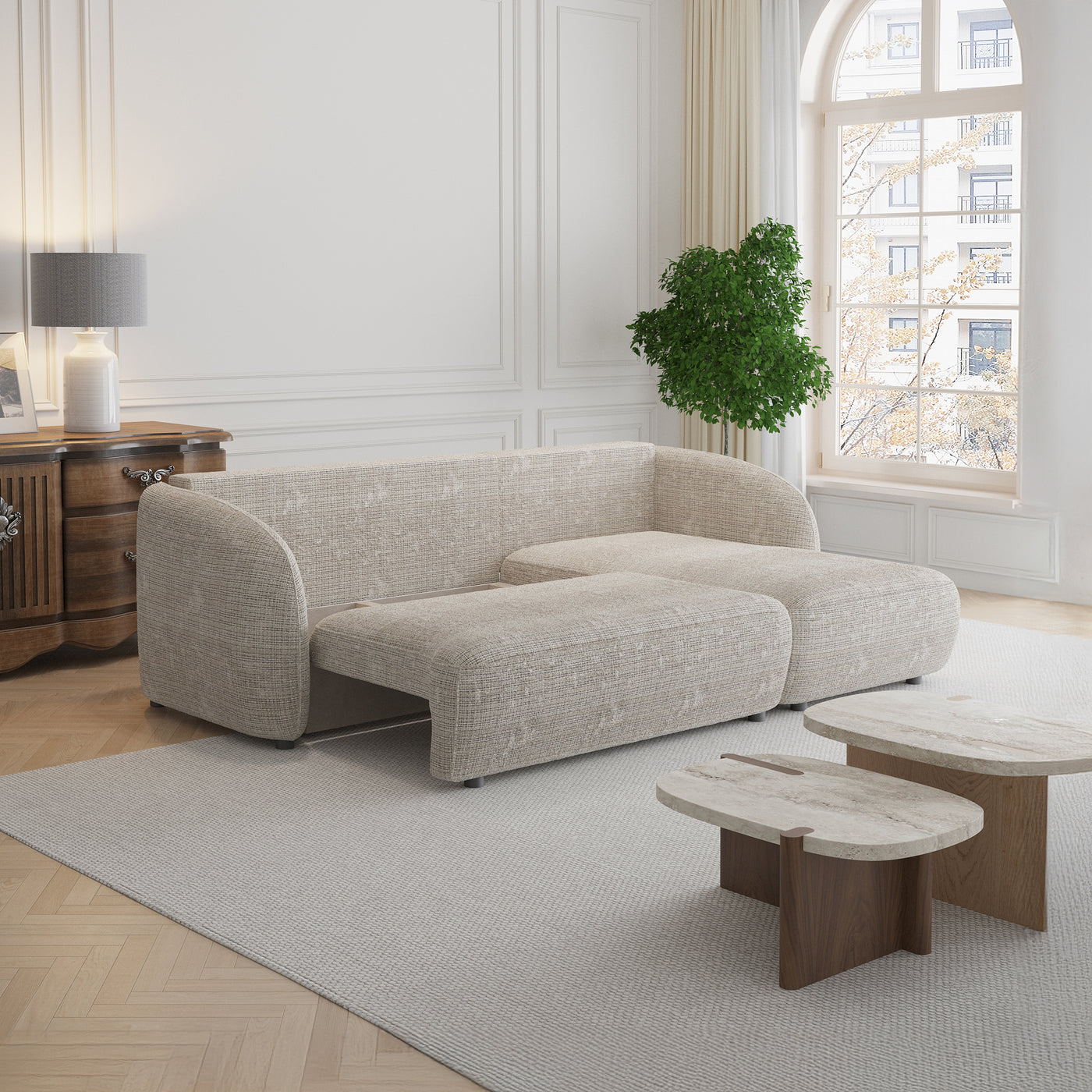 ALANYA Canapé d'angle convertible avec coffre en tissu beige - Angle droit