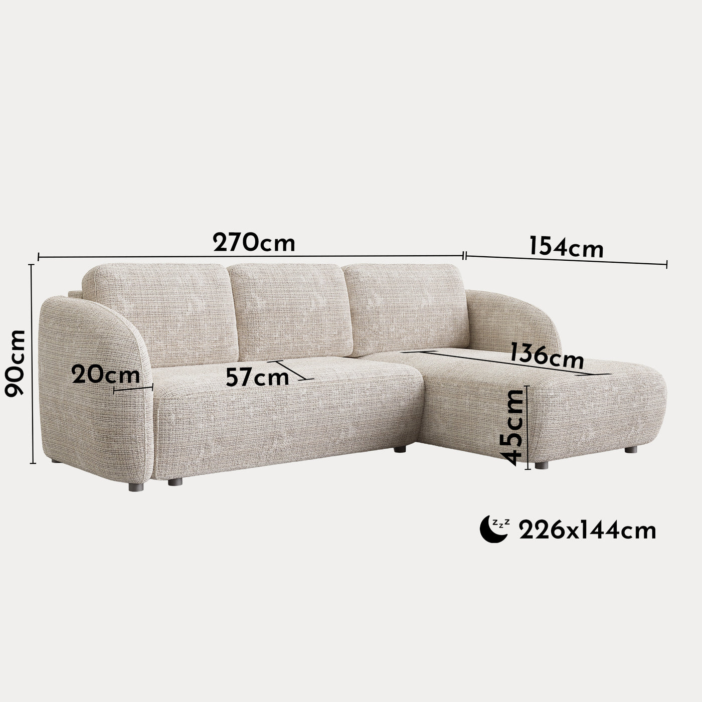ALANYA Canapé d'angle convertible avec coffre en tissu beige - Angle droit