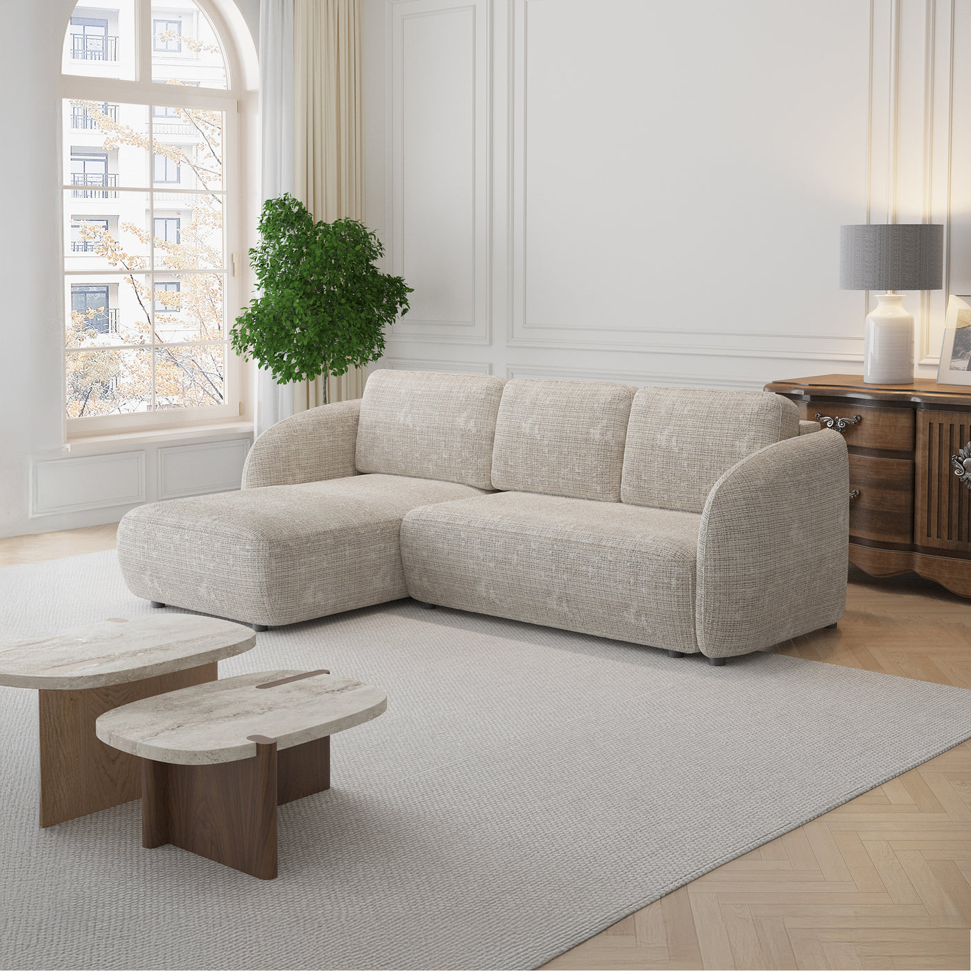 ALANYA Canapé d'angle convertible avec coffre en tissu beige - Angle gauche