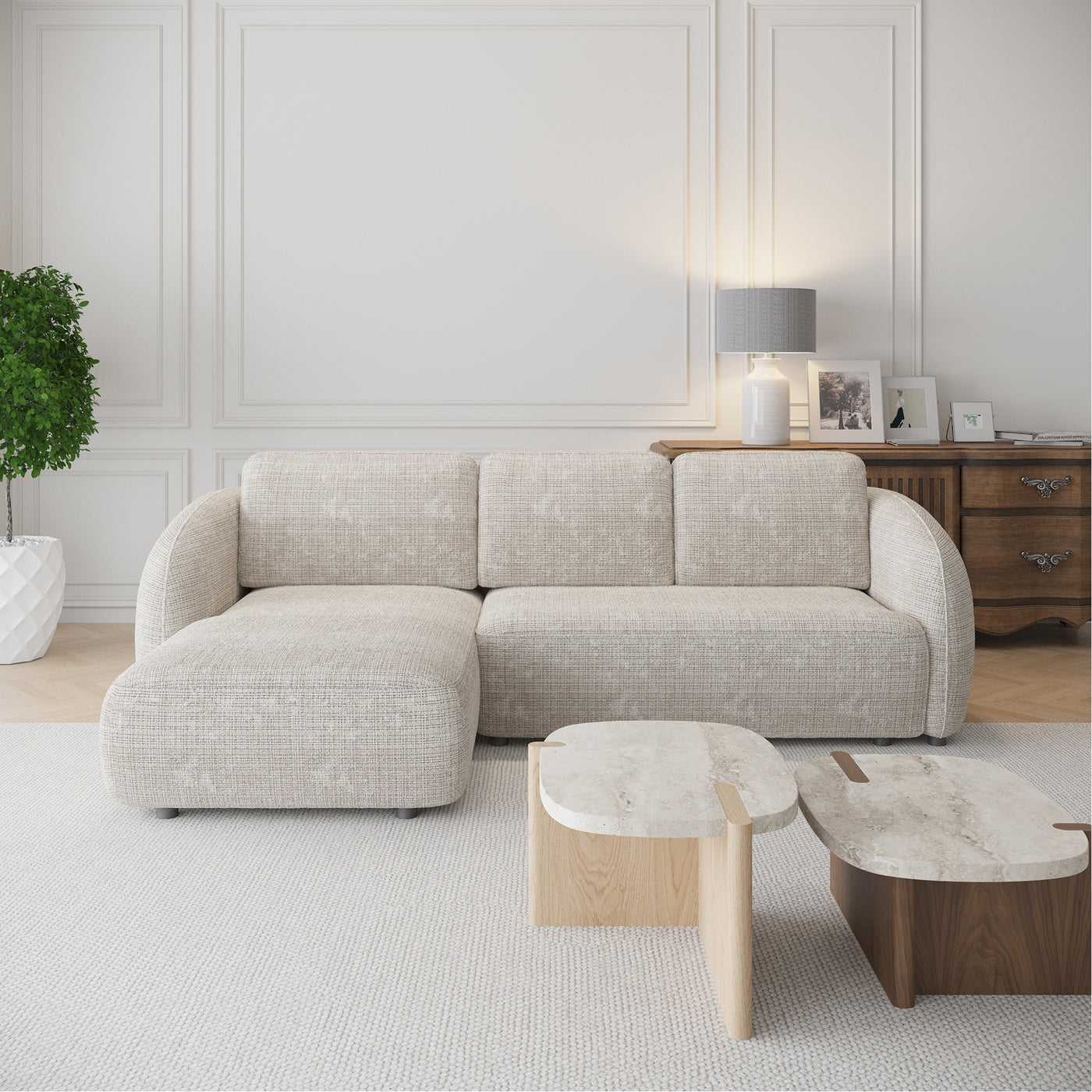 ALANYA Canapé d'angle convertible avec coffre en tissu beige - Angle gauche