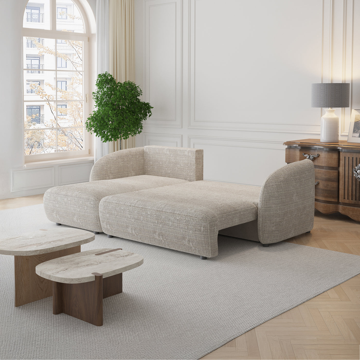 ALANYA Canapé d'angle convertible avec coffre en tissu beige - Angle gauche
