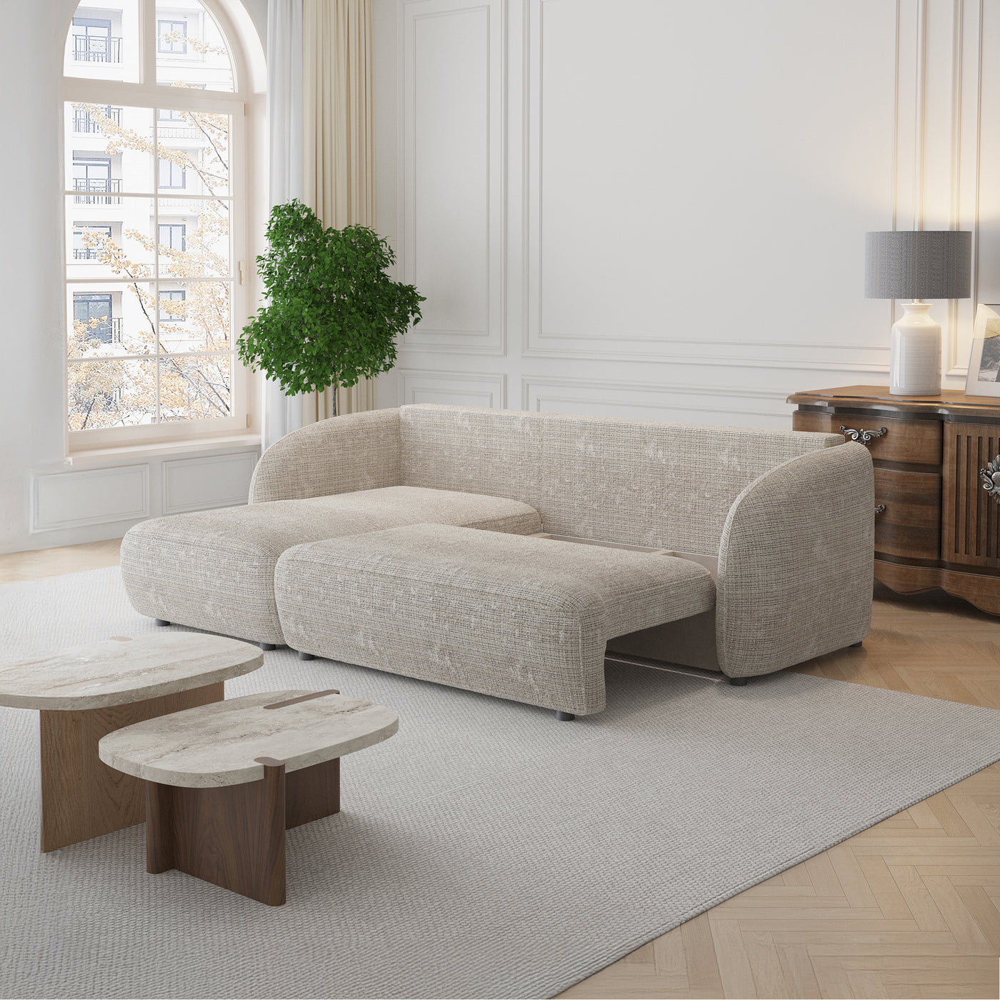 ALANYA Canapé d'angle convertible avec coffre en tissu beige - Angle gauche