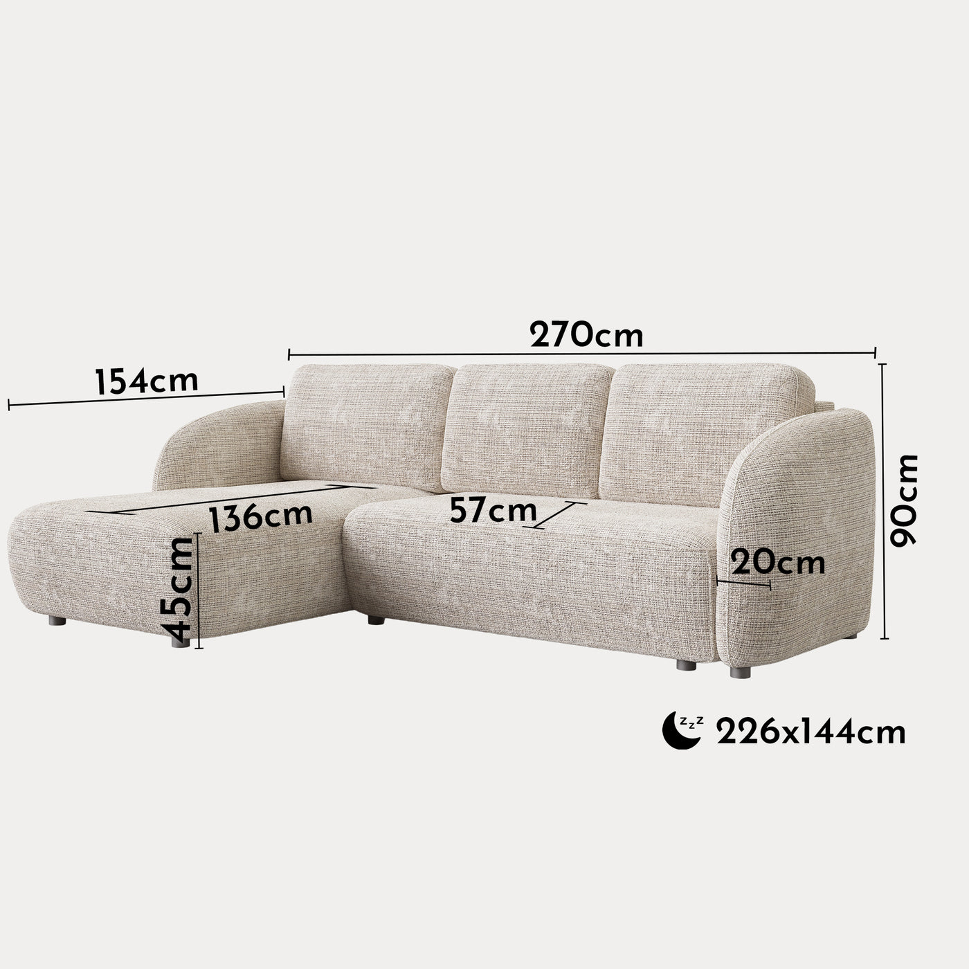ALANYA Canapé d'angle convertible avec coffre en tissu beige - Angle gauche