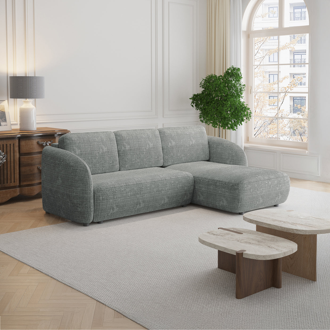 ALANYA Canapé d'angle convertible avec coffre en tissu gris - Angle droit