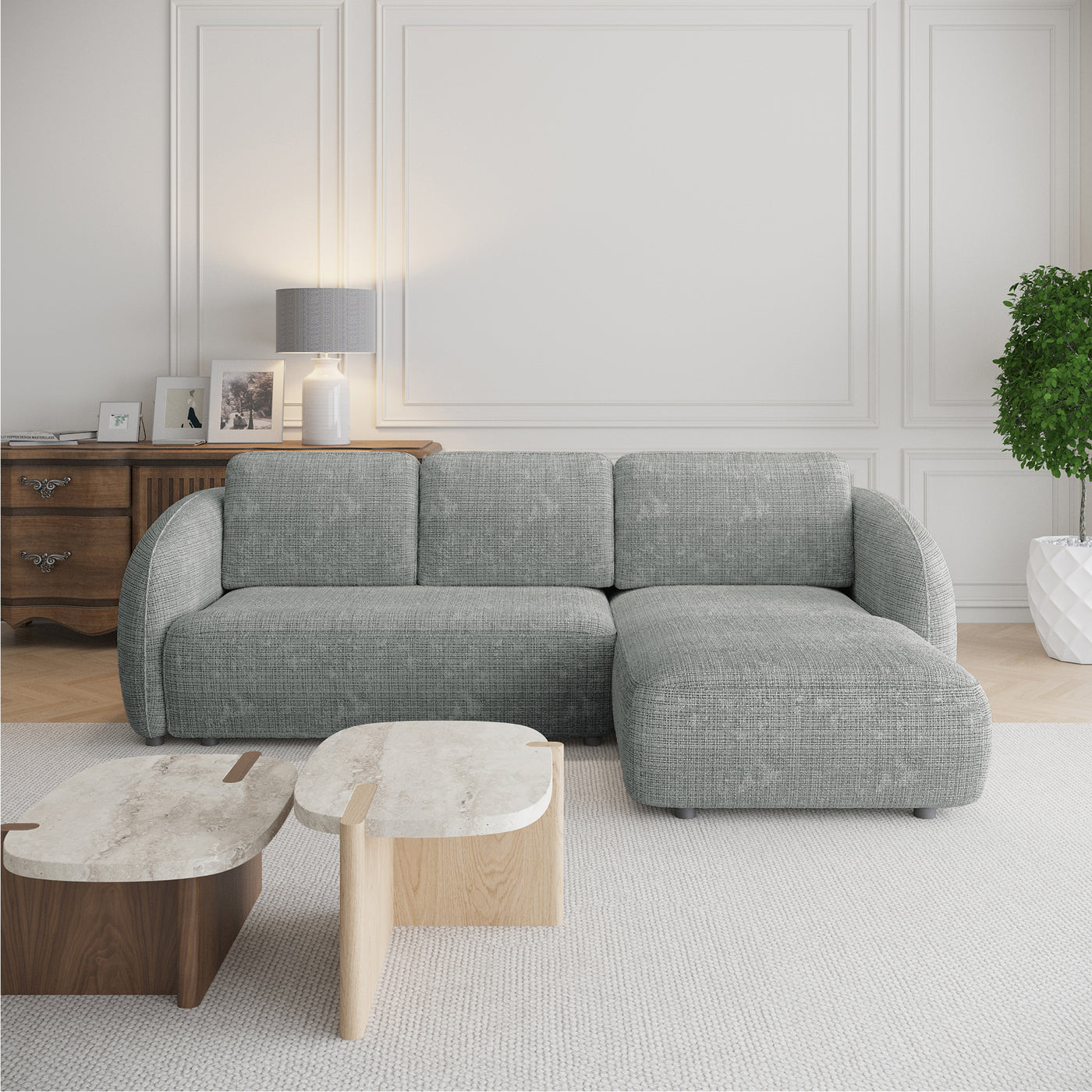 ALANYA Canapé d'angle convertible avec coffre en tissu gris - Angle droit