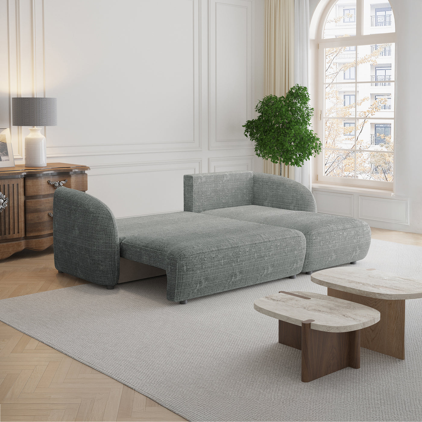 ALANYA Canapé d'angle convertible avec coffre en tissu gris - Angle droit