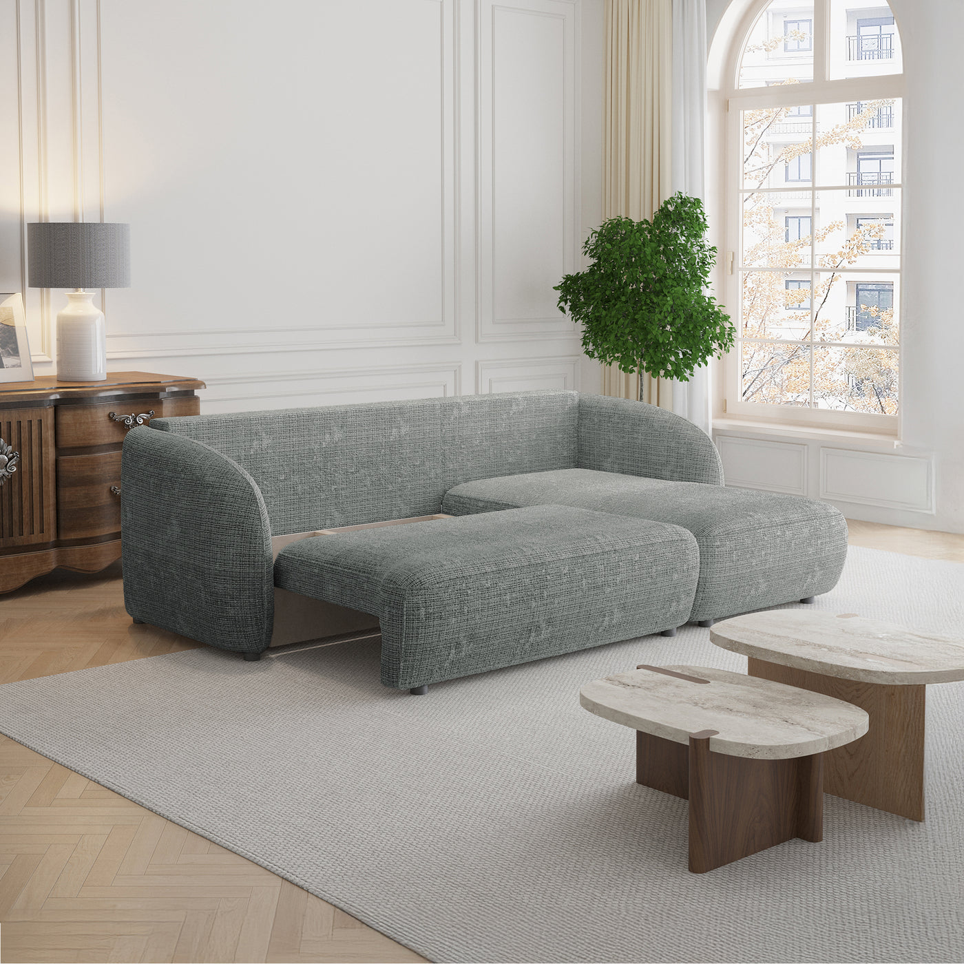 ALANYA Canapé d'angle convertible avec coffre en tissu gris - Angle droit