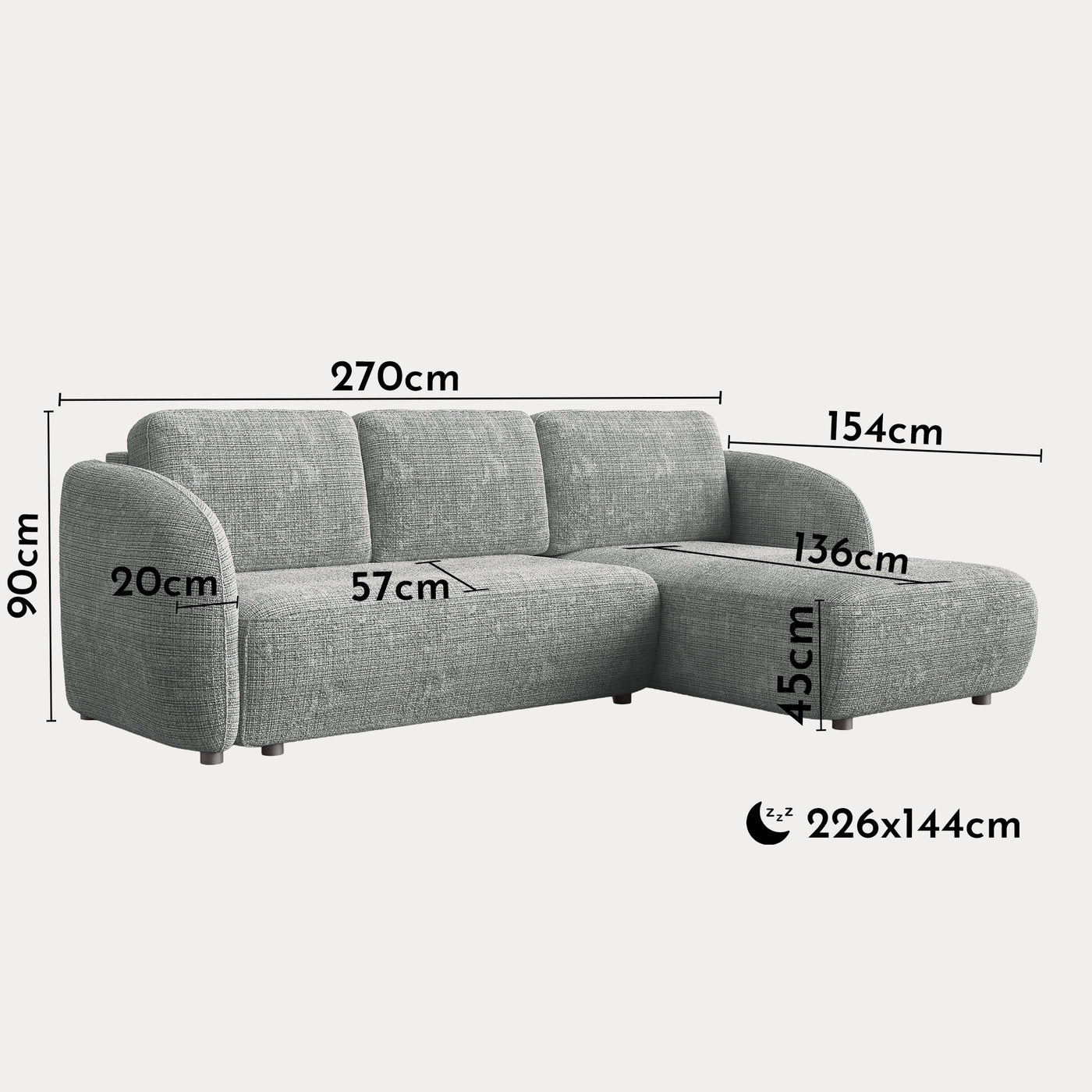 ALANYA Canapé d'angle convertible avec coffre en tissu gris - Angle droit