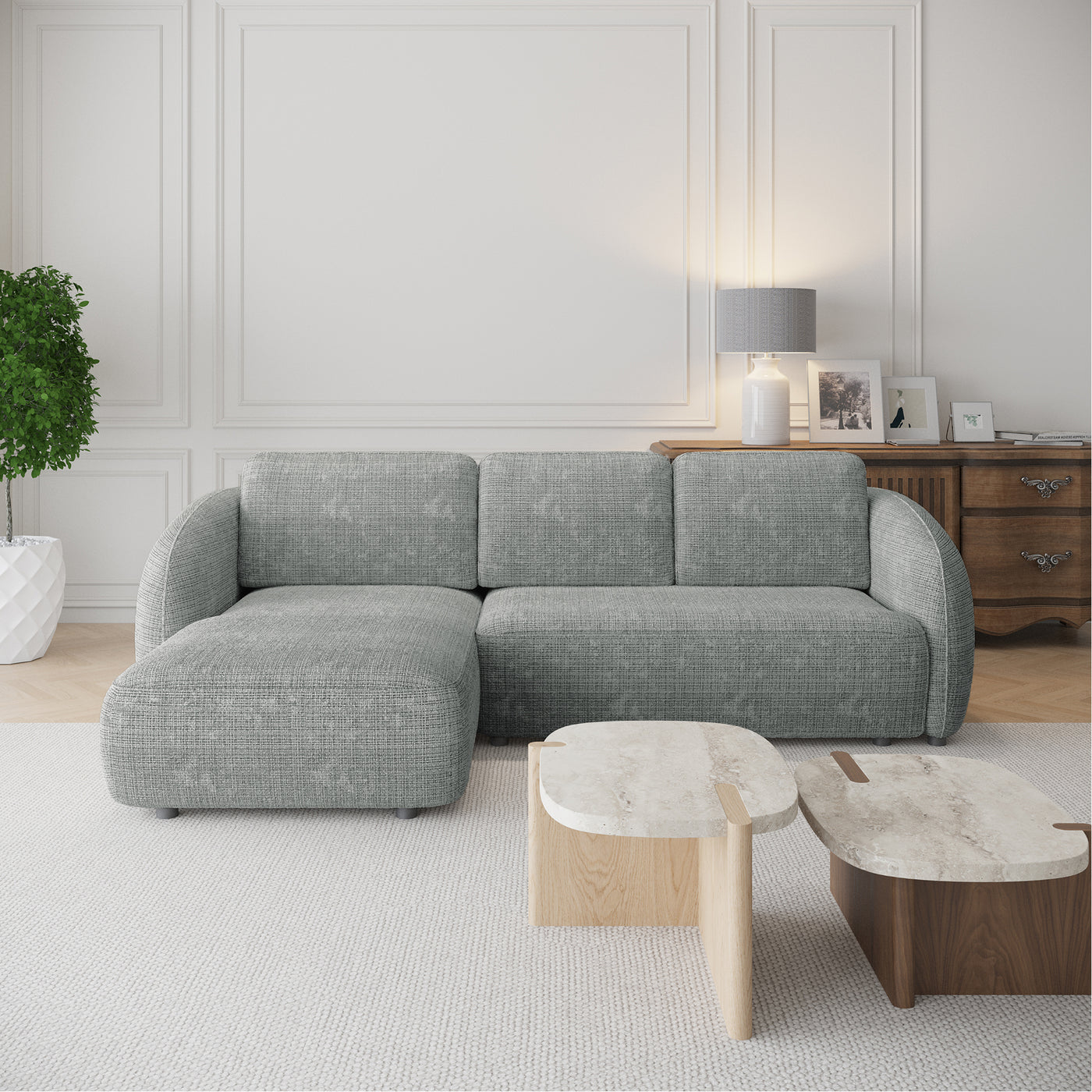 ALANYA Canapé d'angle convertible avec coffre en tissu gris - Angle gauche
