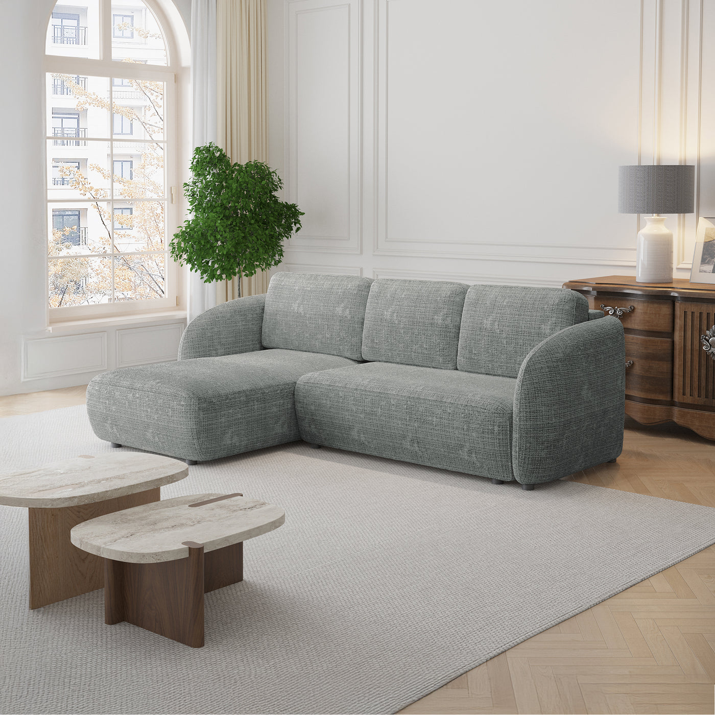 ALANYA Canapé d'angle convertible avec coffre en tissu gris - Angle gauche