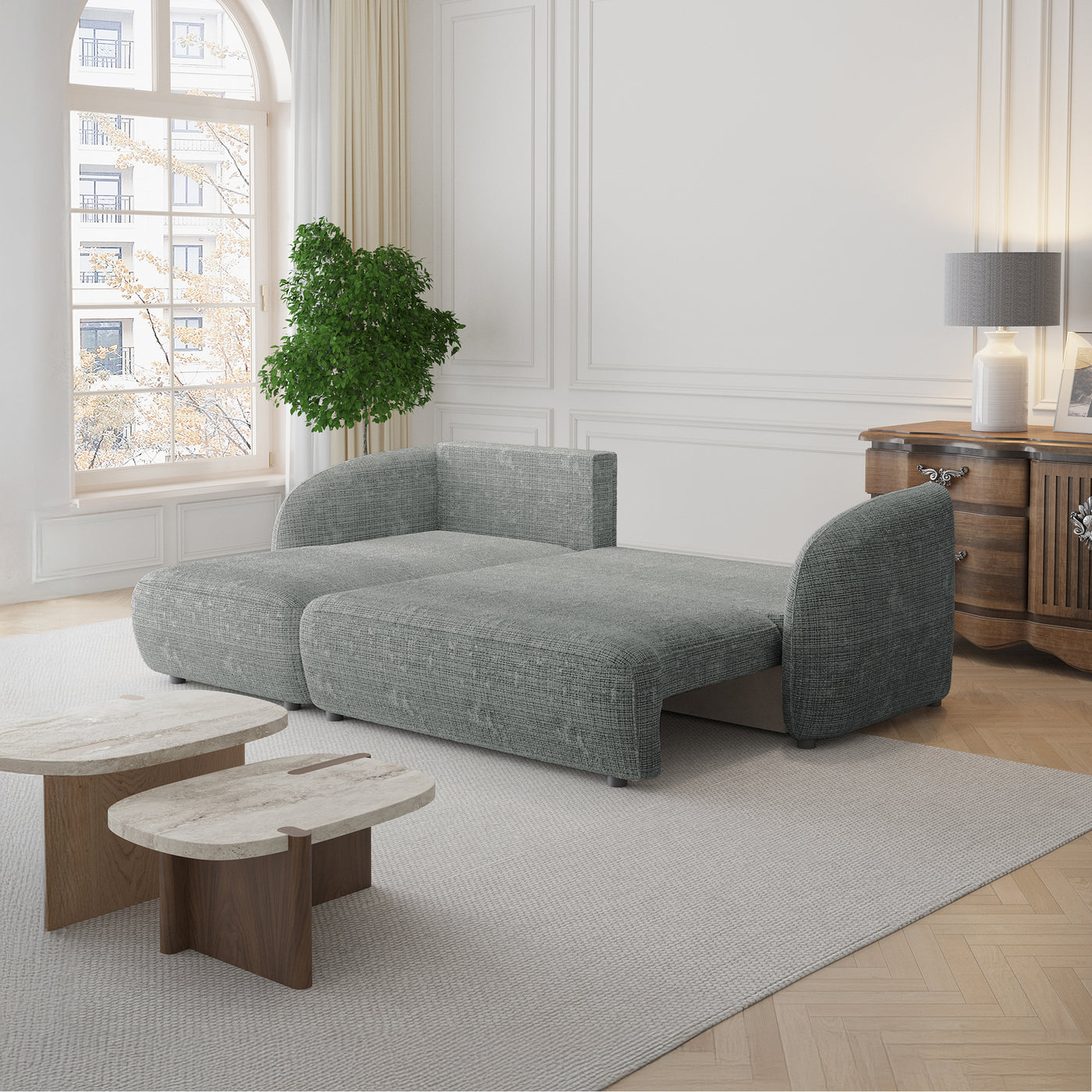 ALANYA Canapé d'angle convertible avec coffre en tissu gris - Angle gauche