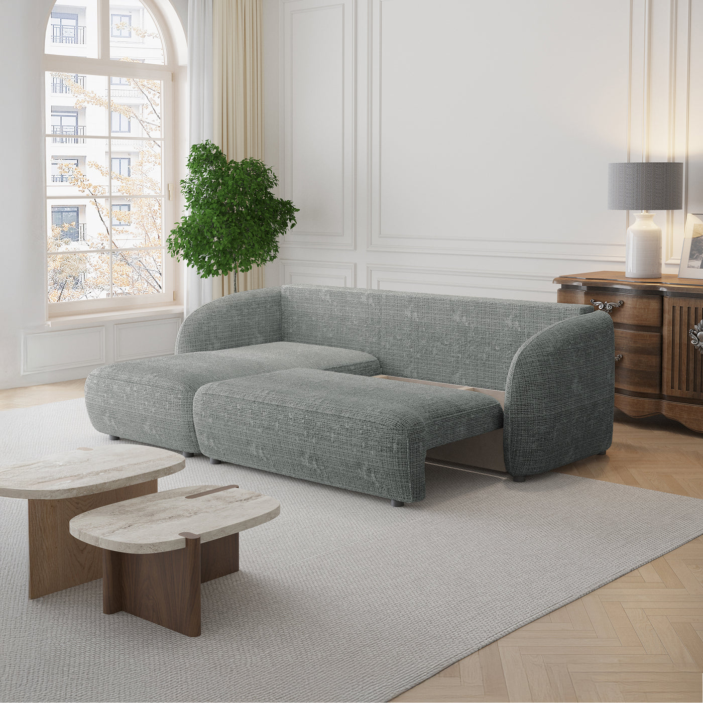 ALANYA Canapé d'angle convertible avec coffre en tissu gris - Angle gauche