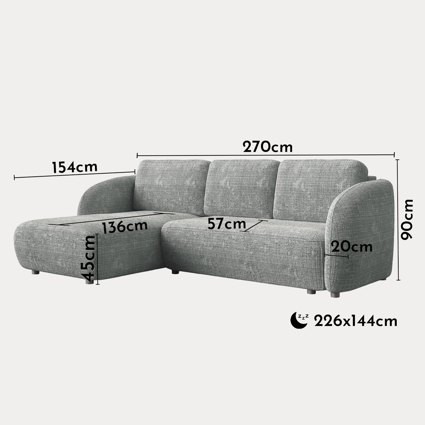 ALANYA Canapé d'angle convertible avec coffre en tissu gris - Angle gauche