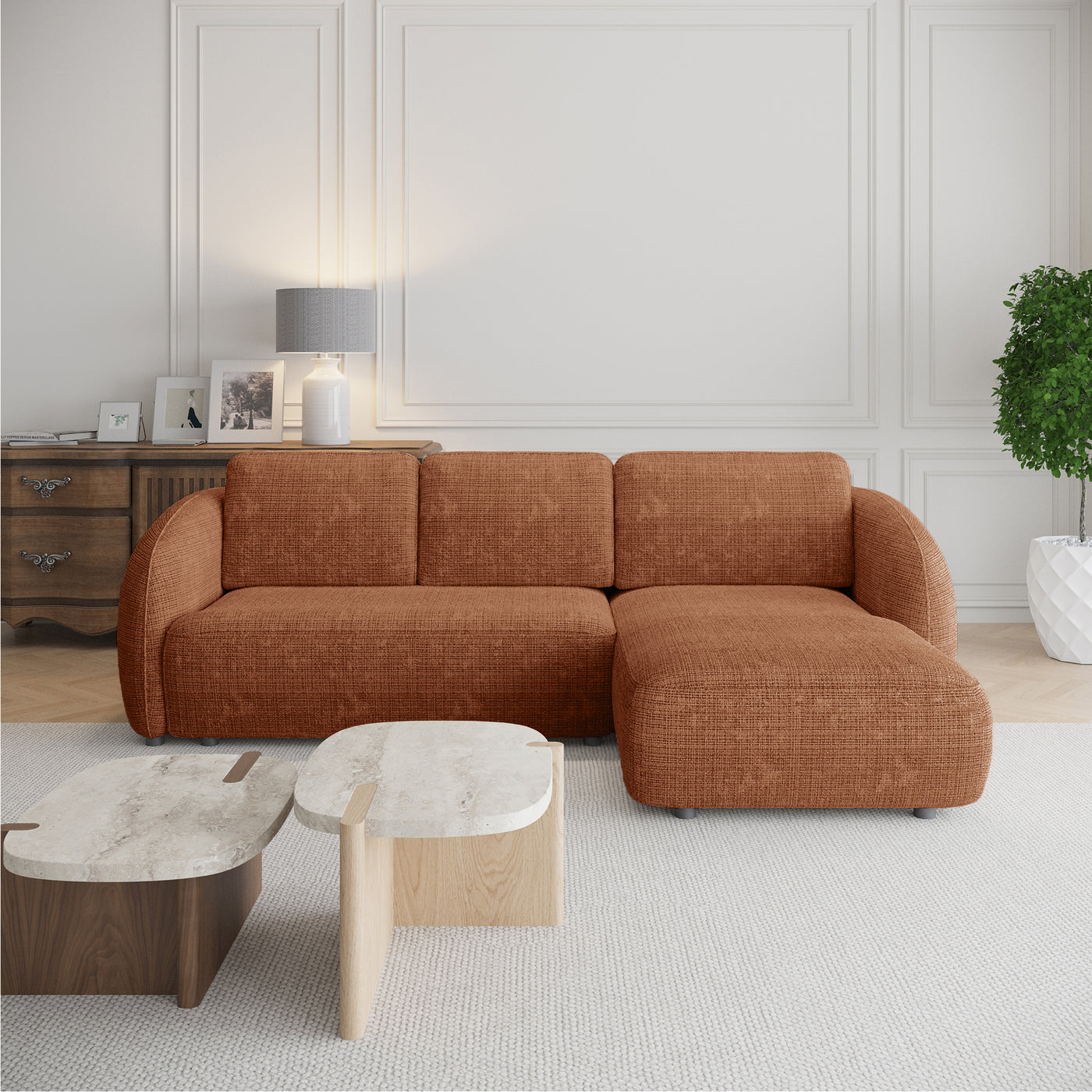 ALANYA Canapé d'angle convertible avec coffre en tissu orange - Angle droit