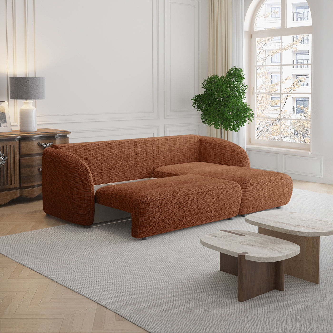 ALANYA Canapé d'angle convertible avec coffre en tissu orange - Angle droit