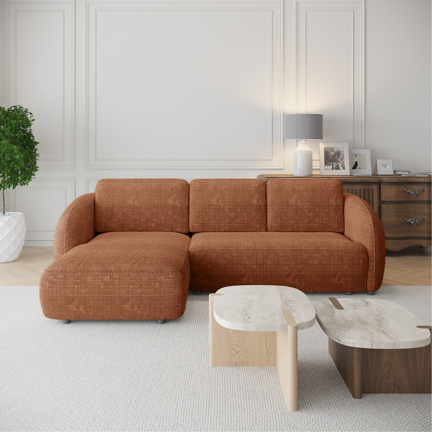 ALANYA Canapé d'angle convertible avec coffre en tissu orange - Angle gauche