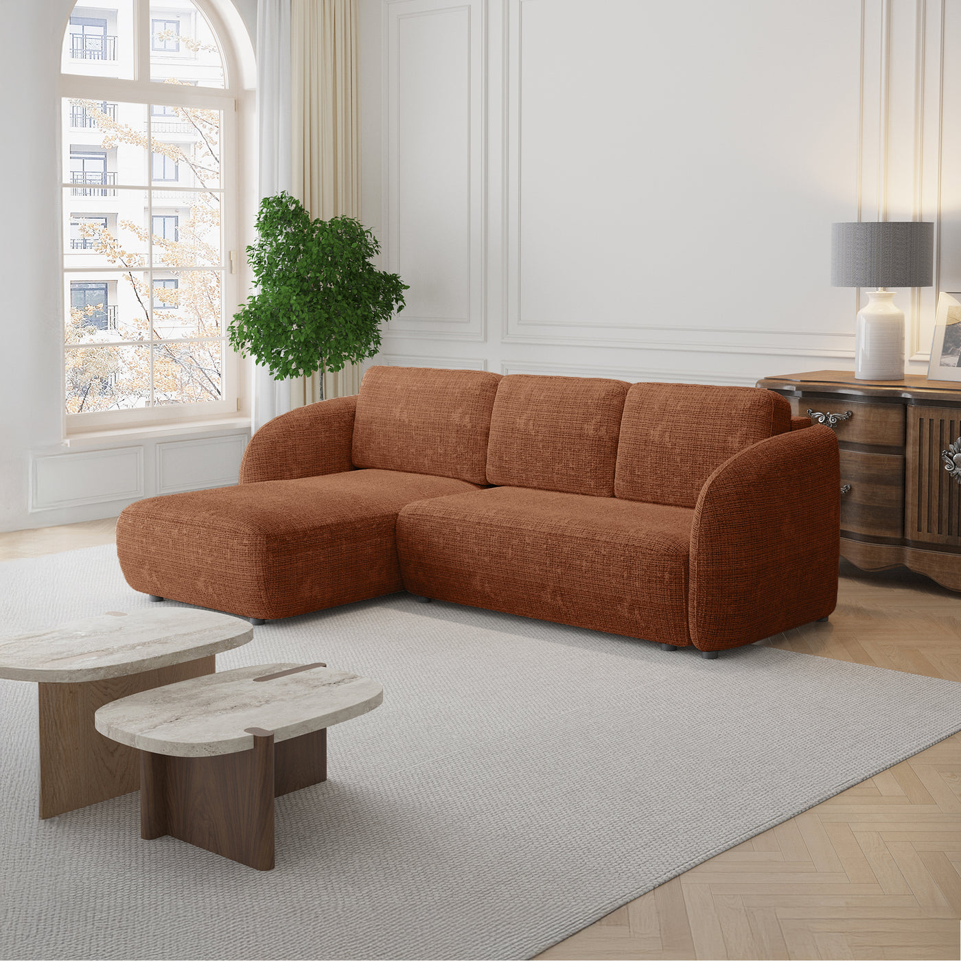 ALANYA Canapé d'angle convertible avec coffre en tissu orange - Angle gauche