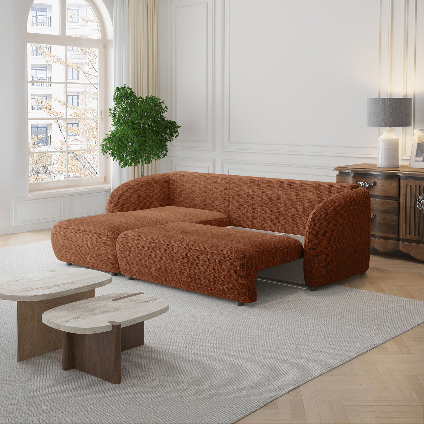 ALANYA Canapé d'angle convertible avec coffre en tissu orange - Angle gauche