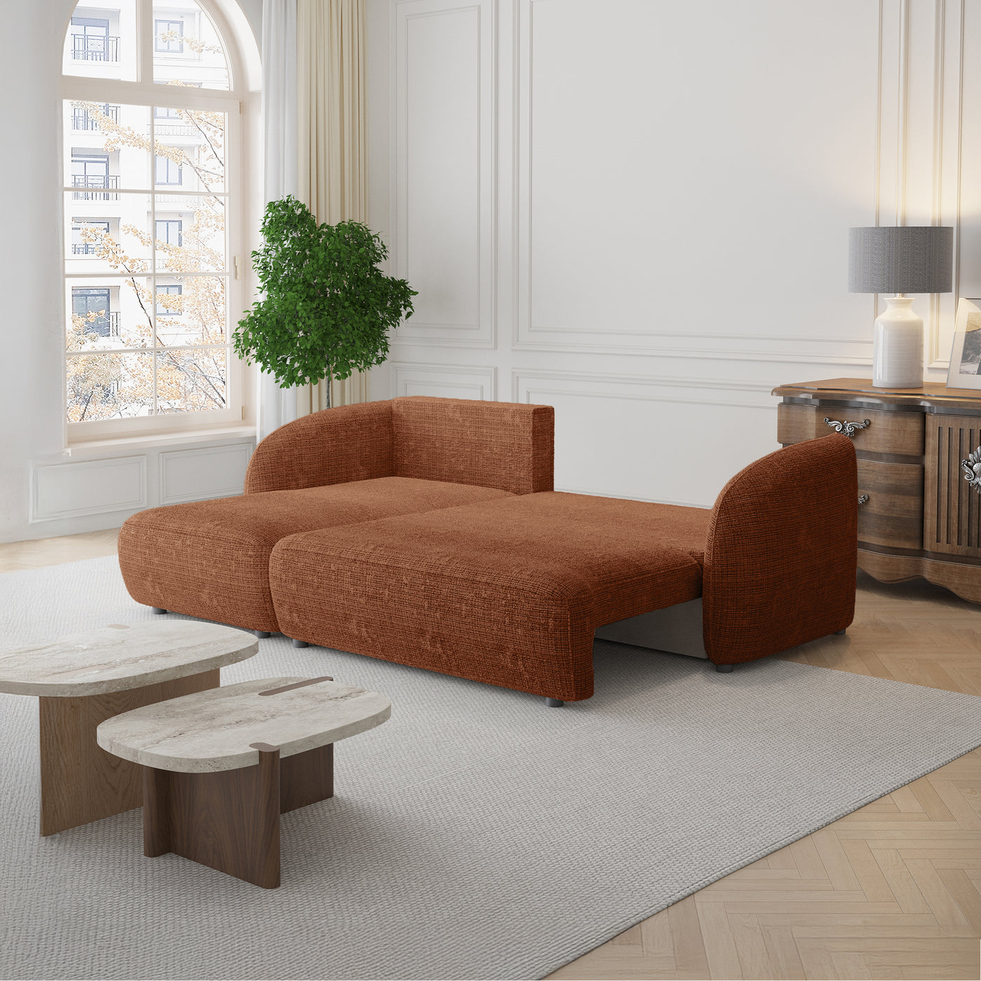 ALANYA Canapé d'angle convertible avec coffre en tissu orange - Angle gauche