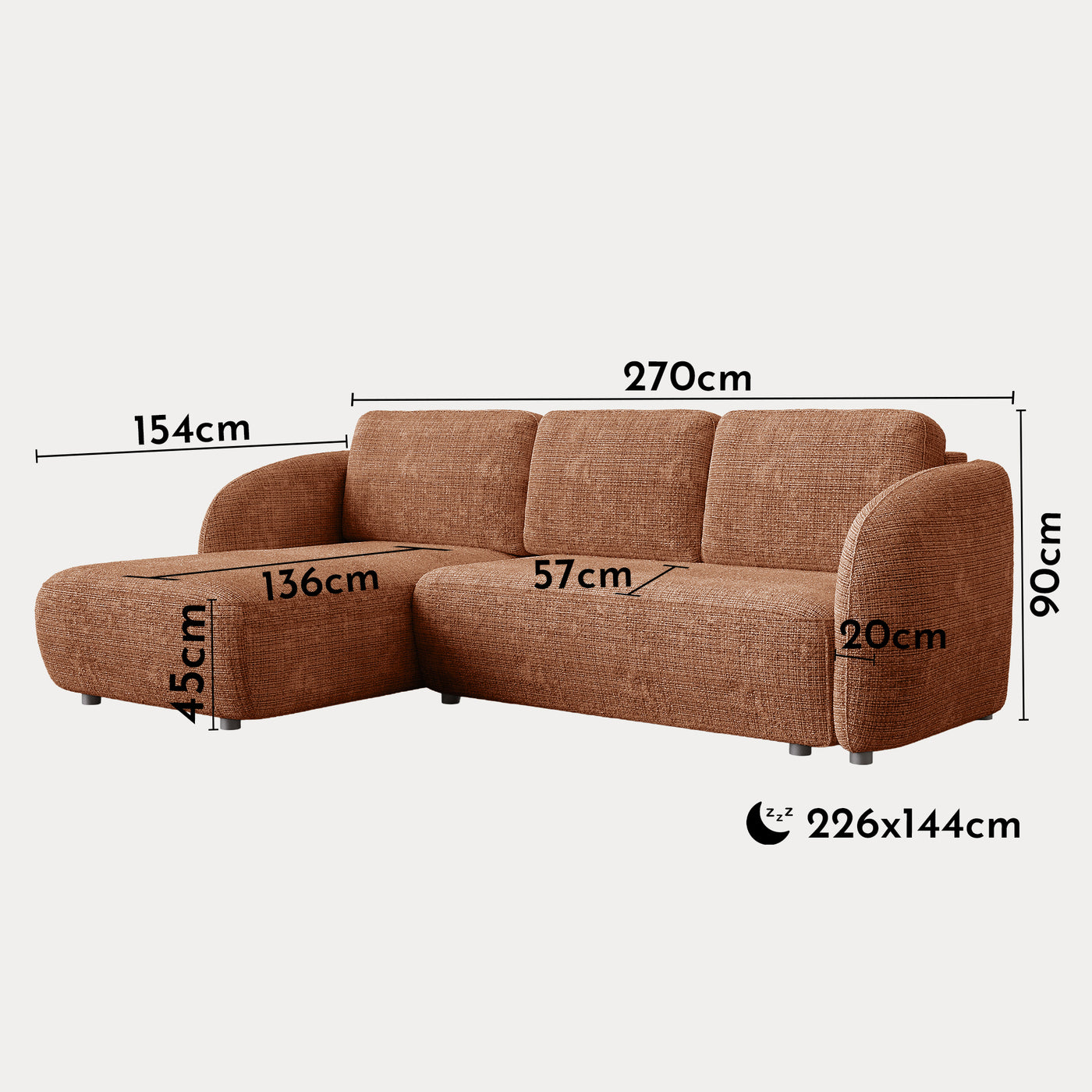 ALANYA Canapé d'angle convertible avec coffre en tissu orange - Angle gauche