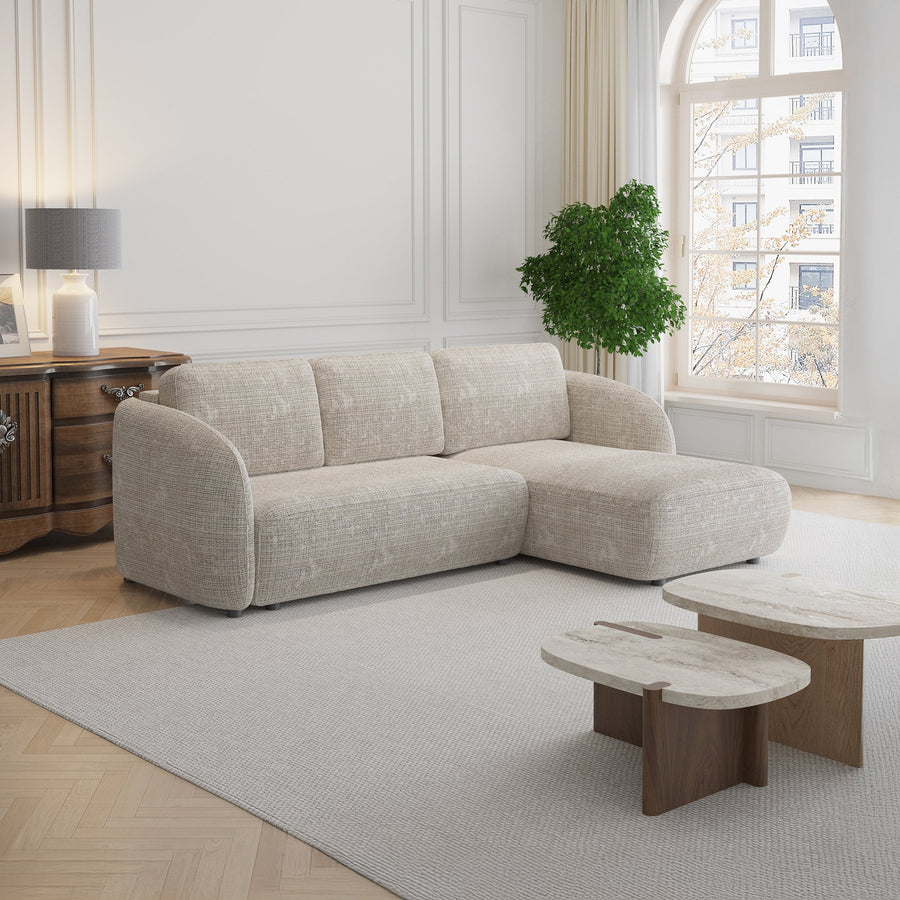 ALANYA Canapé d'angle convertible avec coffre en tissu beige - Angle droit — aperçu vidéo