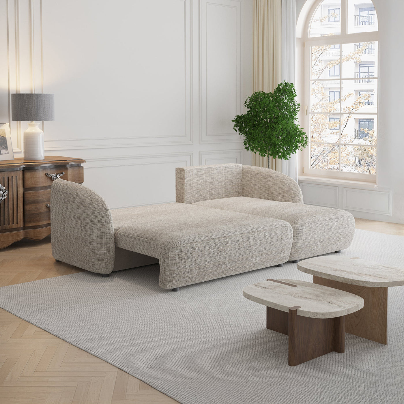ALANYA Canapé d'angle convertible avec coffre en tissu beige - Angle droit - Canapé d'angle convertible - Mobilier Deco