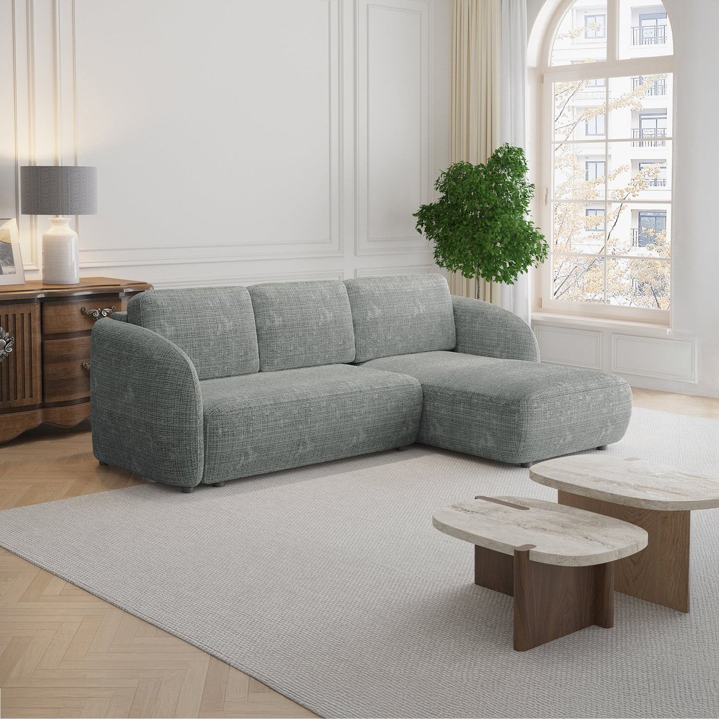 ALANYA Canapé d'angle convertible avec coffre en tissu gris - Angle droit - Canapé d'angle convertible - Mobilier Deco