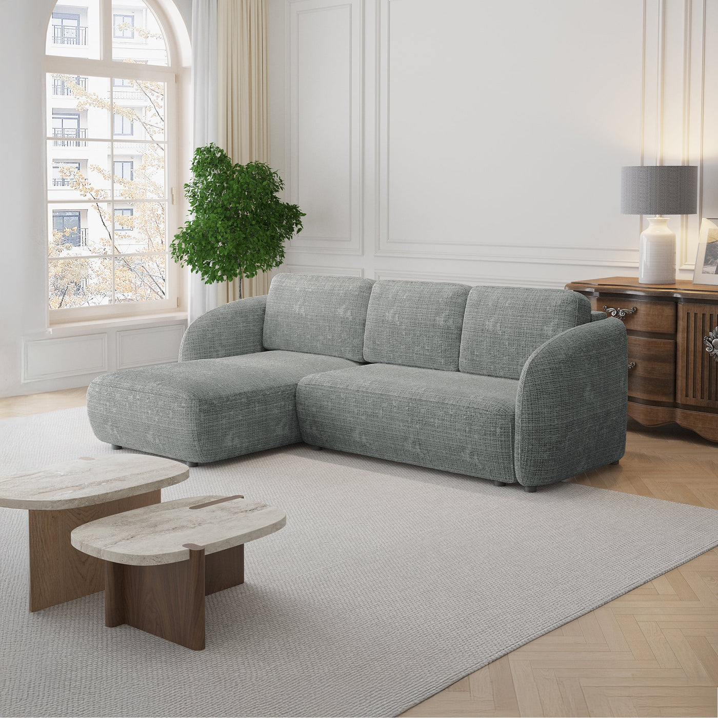ALANYA Canapé d'angle convertible avec coffre en tissu gris - Angle gauche - Canapé d'angle convertible - Mobilier Deco